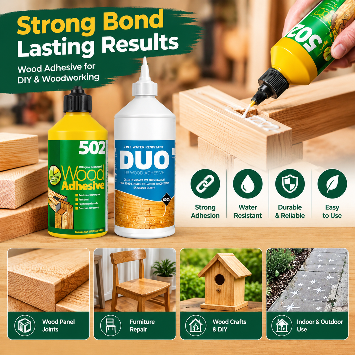 2 in 1 All Purpose Weatherproof Wood Adhesive – Suitable for Typical Wood Bonding Applications（2Pack）