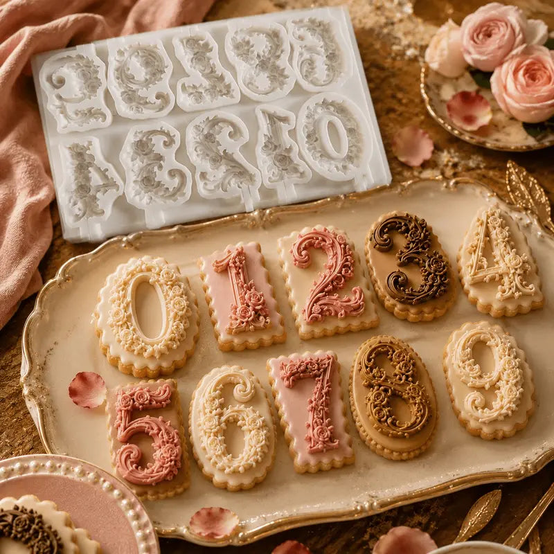 1Set Vintage Rose Floral Number Shape Silicone Mold - Baking Accessories