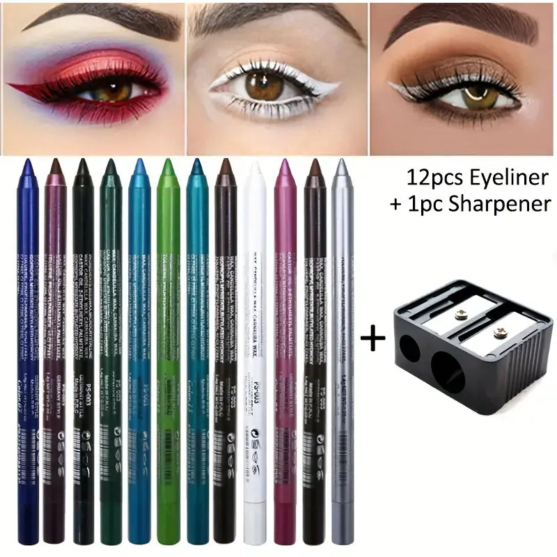 12-Pack Eyeliner Pencil Waterproof Colored Gel Liners with Metallic & Shimmer Finishes Smudge-Proof