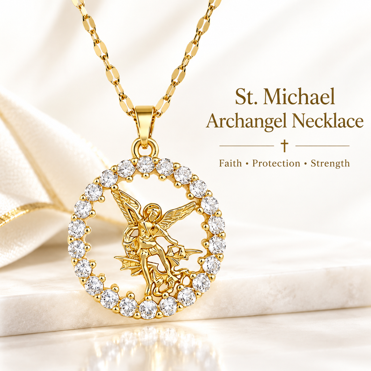 Zircon Halo St. Michael Circle Pendant Necklace: Token of Heavenly Archangel Protection
