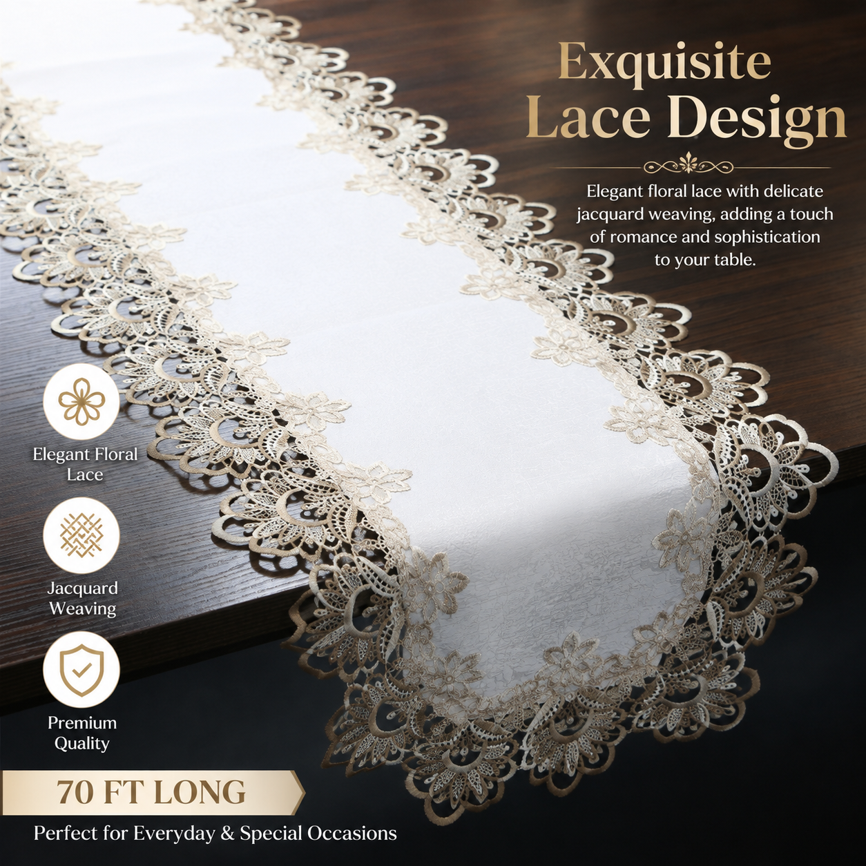 70 Inches Embroidery Lace Table Runner, Classic Jacquard Floral Dresser Scarf for Kitchen Dining Restaurant Party
