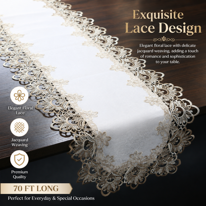 70 Inches Embroidery Lace Table Runner, Classic Jacquard Floral Dresser Scarf for Kitchen Dining Restaurant Party