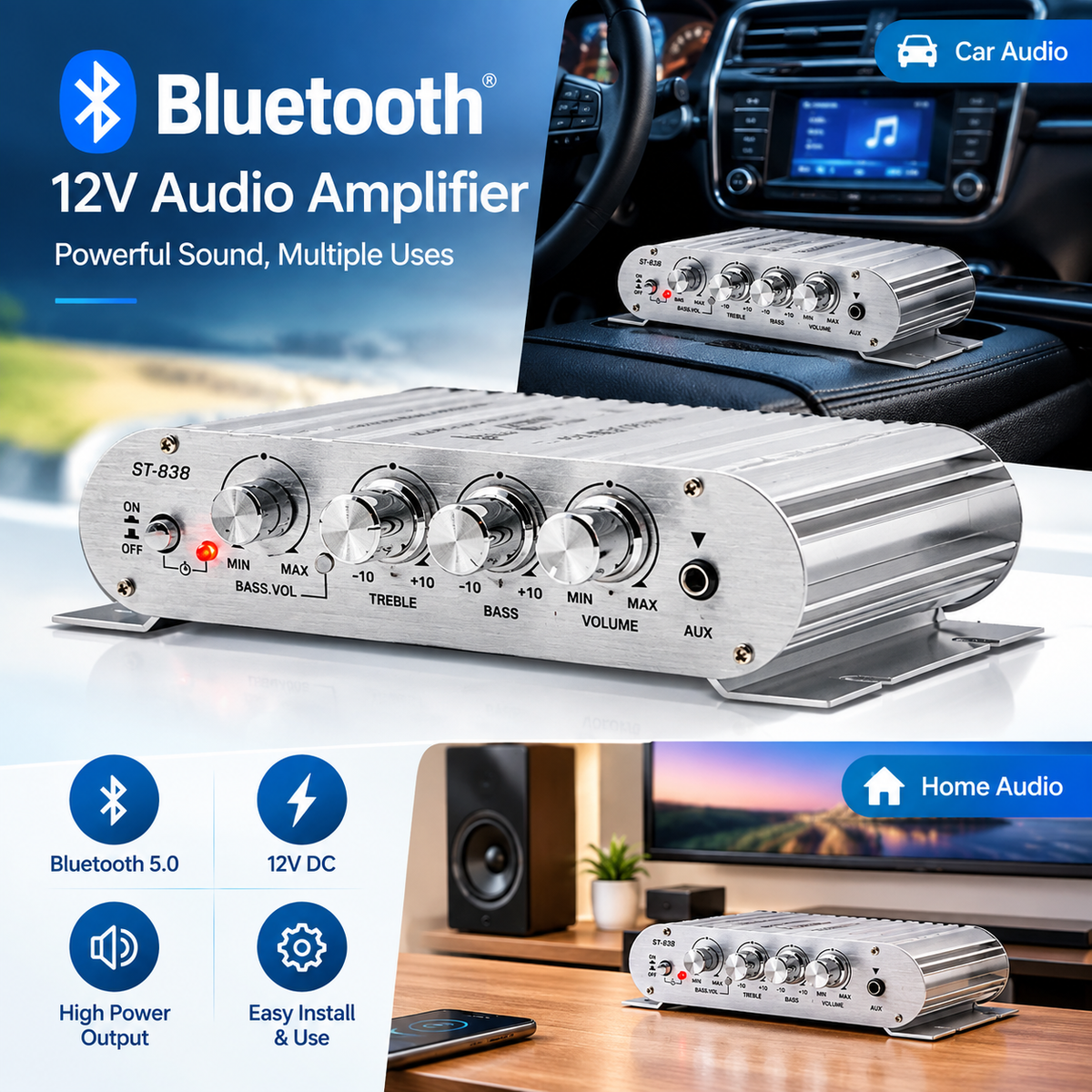 Bluetooth Car Amplifier 12V 80W, 2.1 Channel Mini Stereo Amp with Wireless Audio Streaming