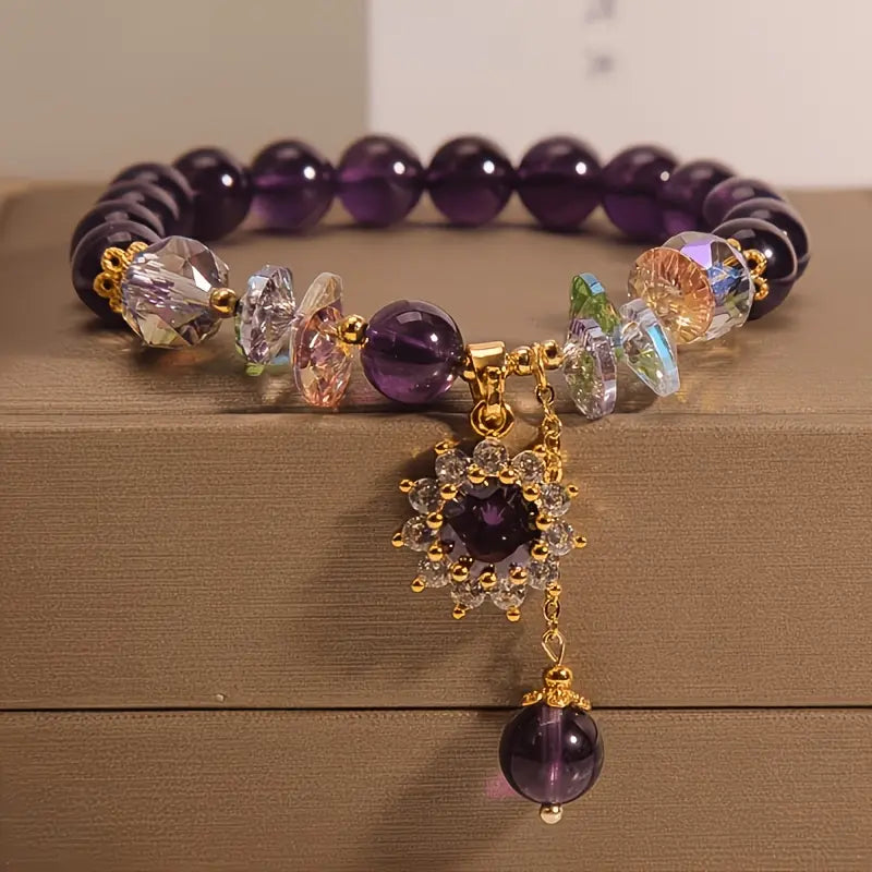 Healing Crystal/Purple Natural Bracelet, Adorned with Sunflower Decoration