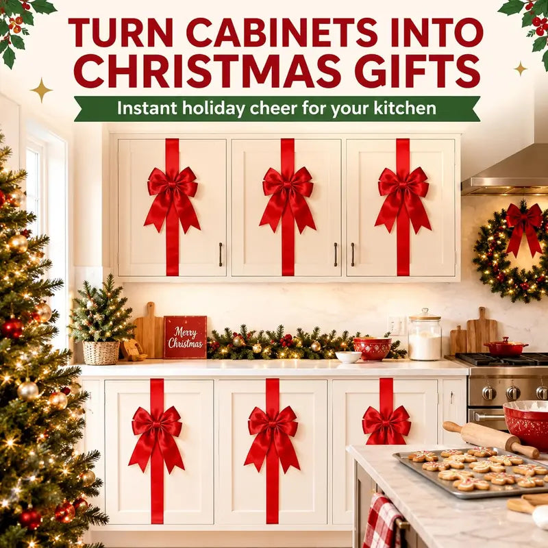 6Pcs Christmas Cabinet Ribbons Bows for Kitchen Large Christmas Door Ribbon Cabinet Bows Locker
