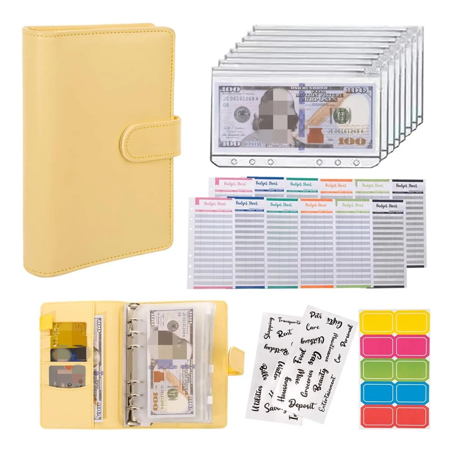 A6 Budget Binder Set 12pcs Budget Sheets & 8 Counts Binder Pockets & 10pcs Multi-colored Labels