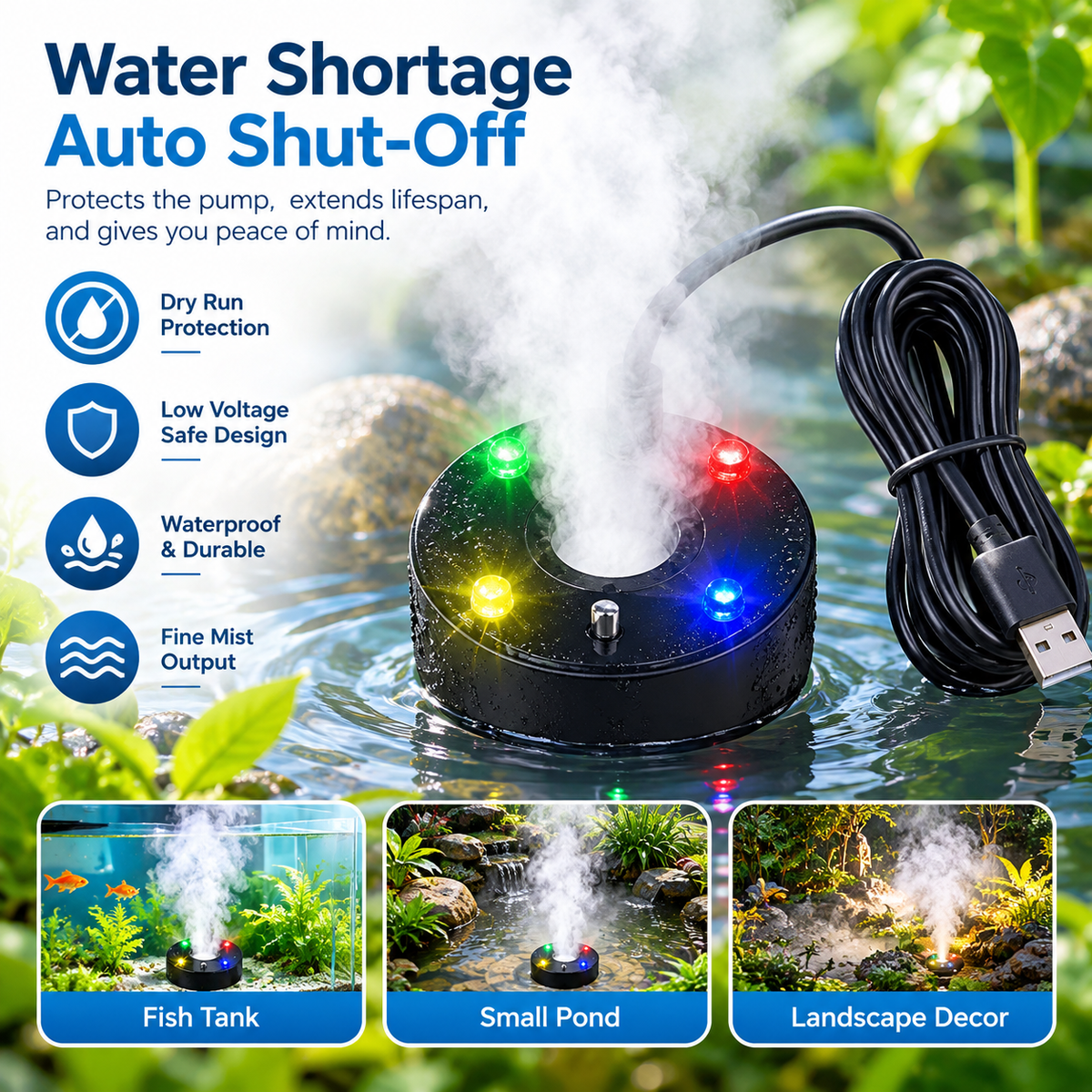 DC 5V Water Fountain Pond Fog Machine LED Color Change Fogger for Halloween Garden Rockery Yard Outdoor