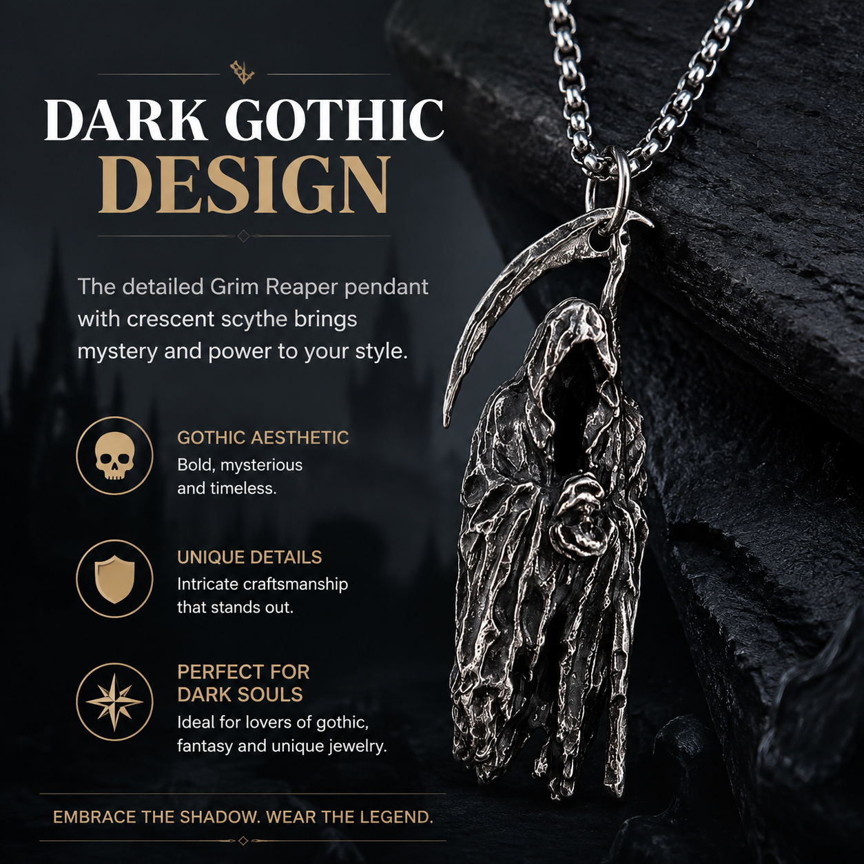 Gothic Grim Reaper Scythe Skull Necklace,The Reapers Pendant Set