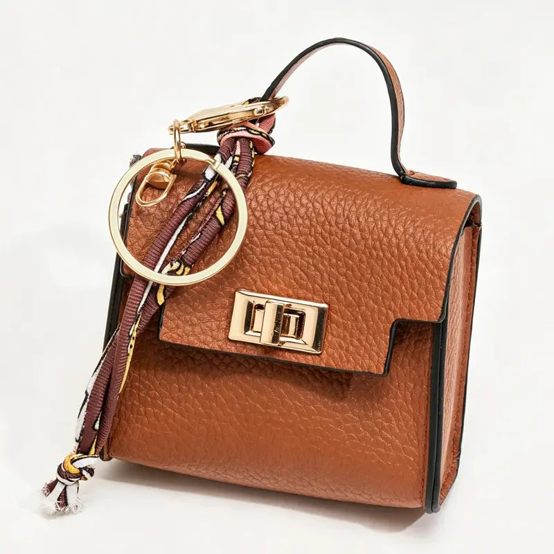 Mini Leather Square Bag Pendant Keychain with Colorful Strap