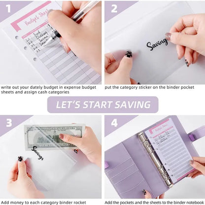 A6 Budget Binder Set 12pcs Budget Sheets & 8 Counts Binder Pockets & 10pcs Multi-colored Labels