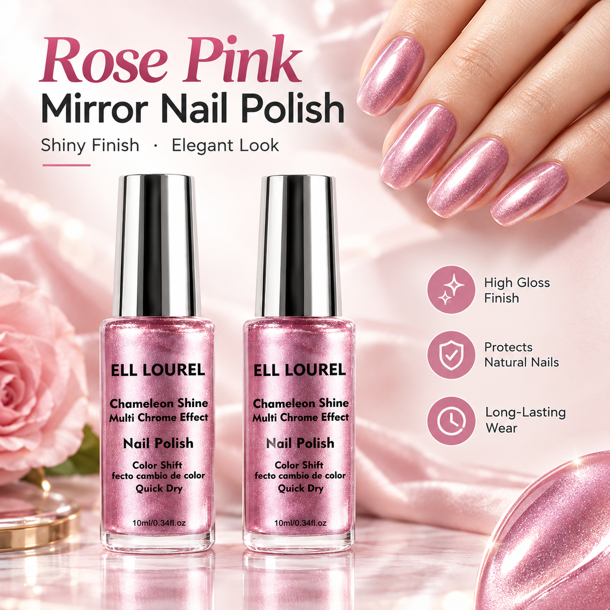 2Pcs Rose-pink Chrome Nail Polish; Quick-drying Formula; High-shine Mirror Finish