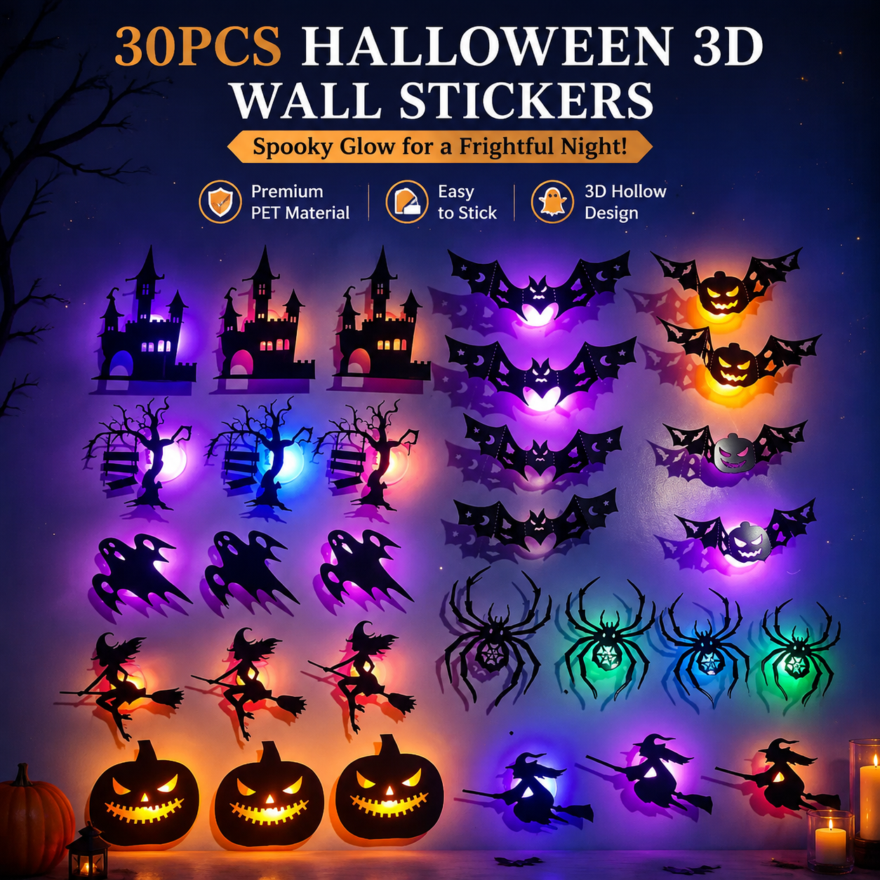 8/30Pcs 3D Cutout Night Light Set Pack - Removable Spooky Glow Wall Stickers