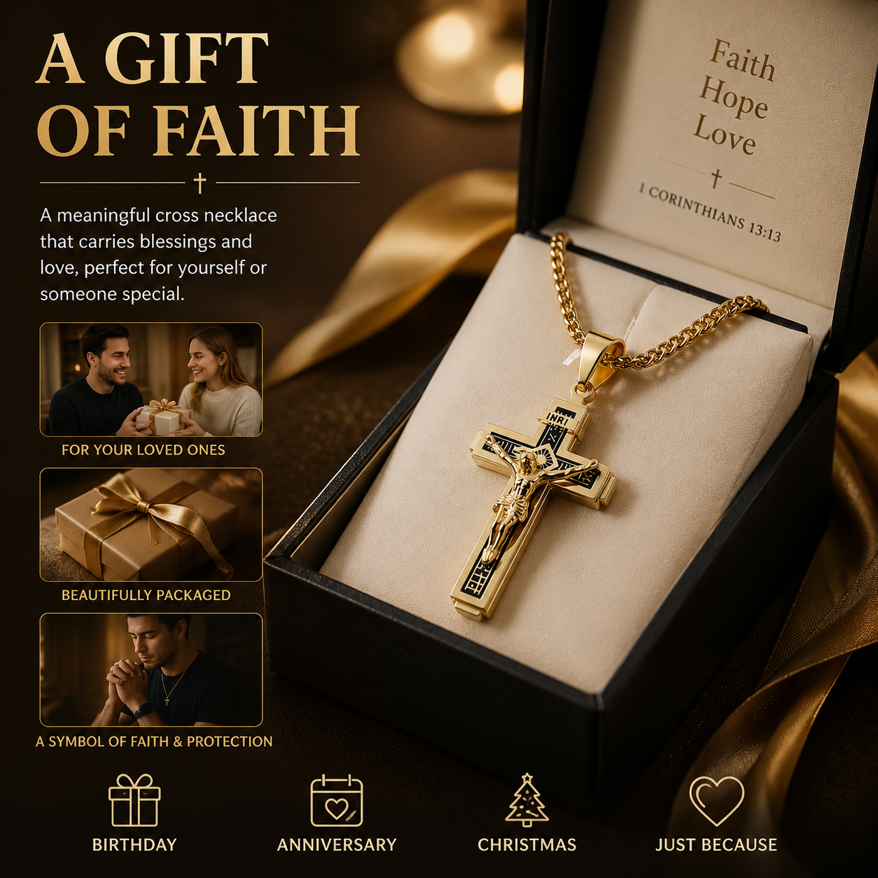 Jesus Christ on INRI Crucifix Cross Pendant Necklace | Large Jesus Pendant 24 Inch Stainless Steel Chain