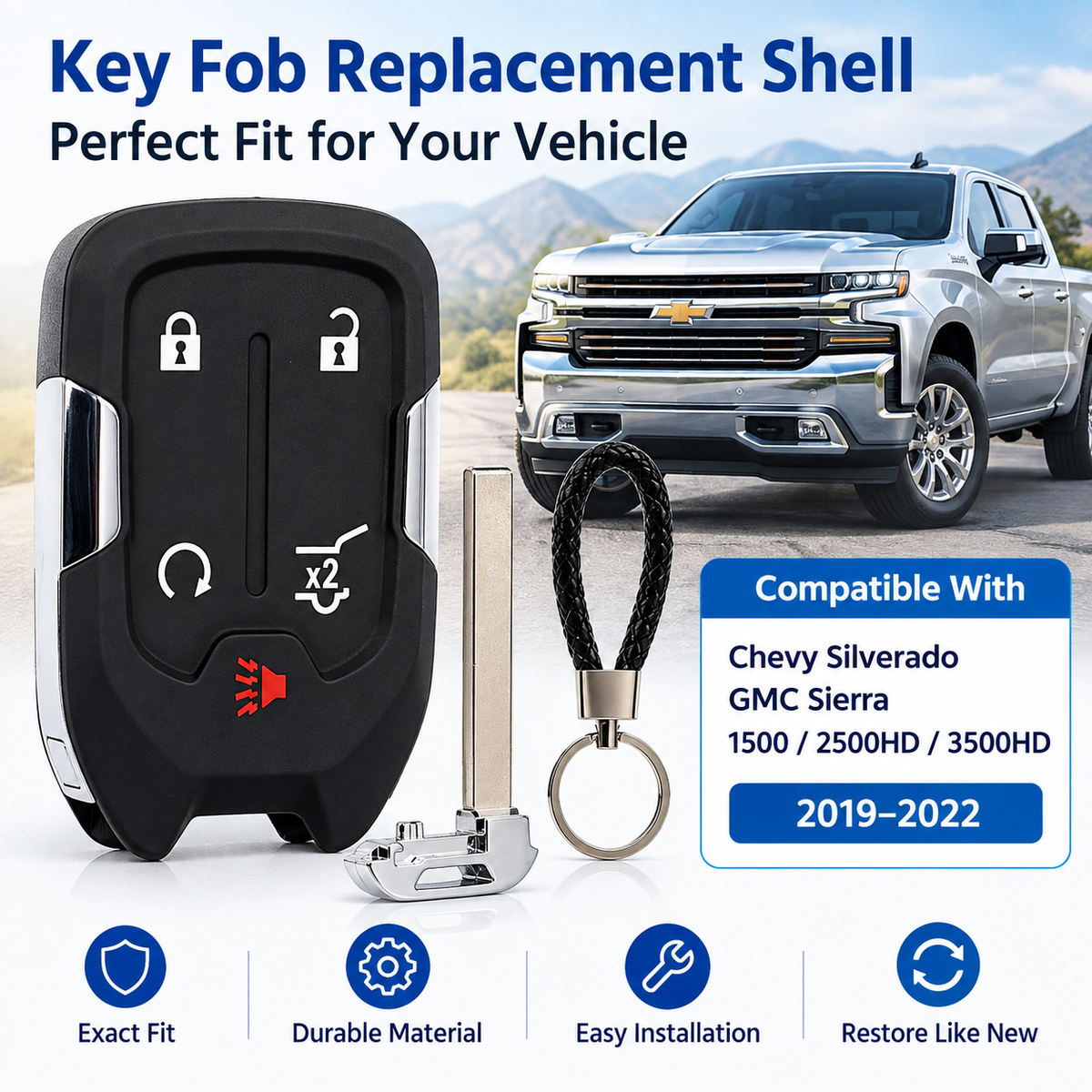 Replacement Key Fob Cover Shell fit for Chevy Silverado GMC Sierra 1500 2500HD 3500HD 2017-2022 Keyless Entry Remote Control Key Fob Case