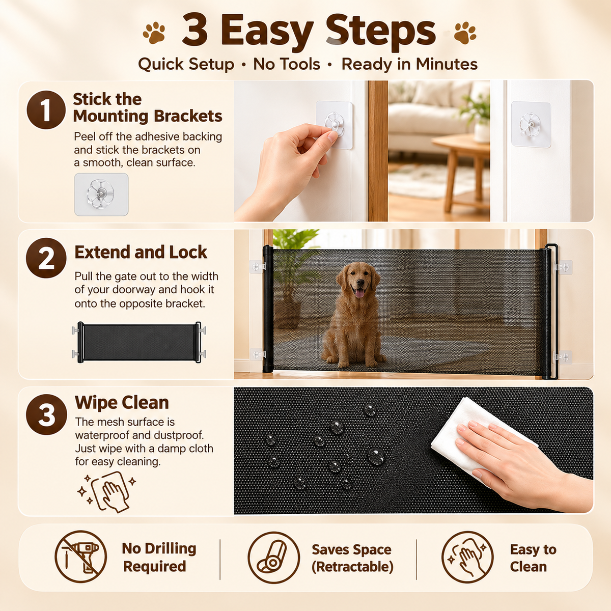 Retractable Stair Gate Safety Dog Gate Cat Door Barrier for Indoor Outdoor 40*125cm