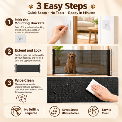 Retractable Stair Gate Safety Dog Gate Cat Door Barrier for Indoor Outdoor 40*125cm
