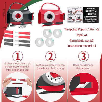 2 Pack Dual-Use Wrapping Paper Cutter & Tape Dispenser Kit, Includes 4 Rolls Tape & 2 Replacement Blades