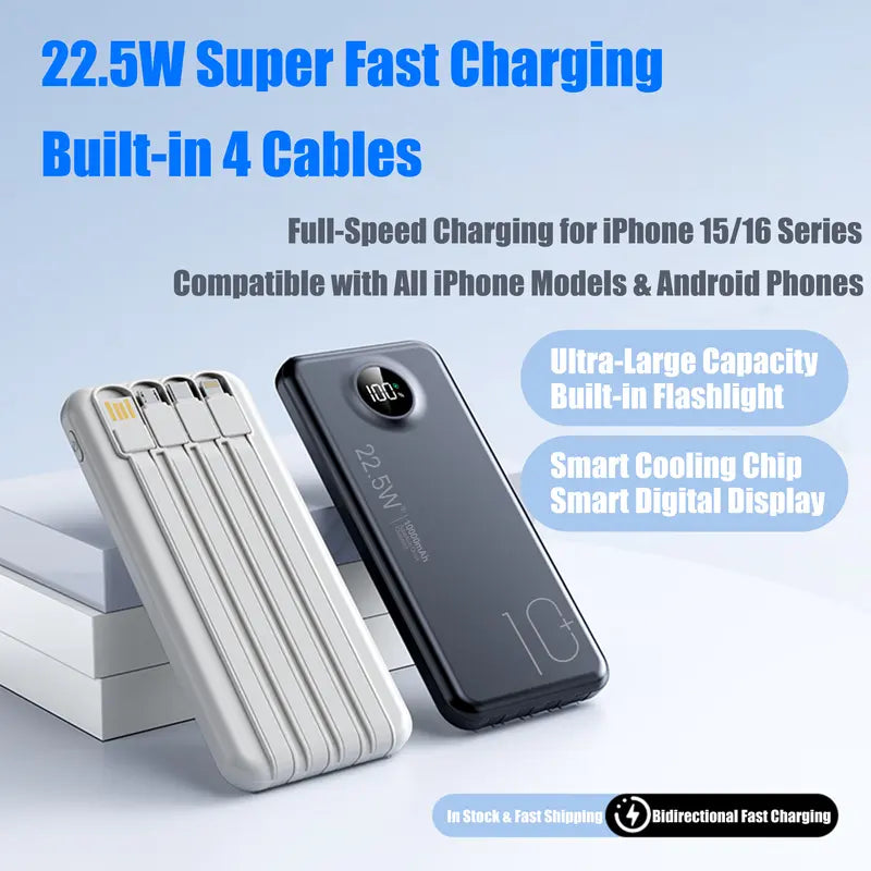 10000mAh Compact Portable Power Bank Charger - 22.5W Fast Charging Battery Power Bank with Built-in Cables