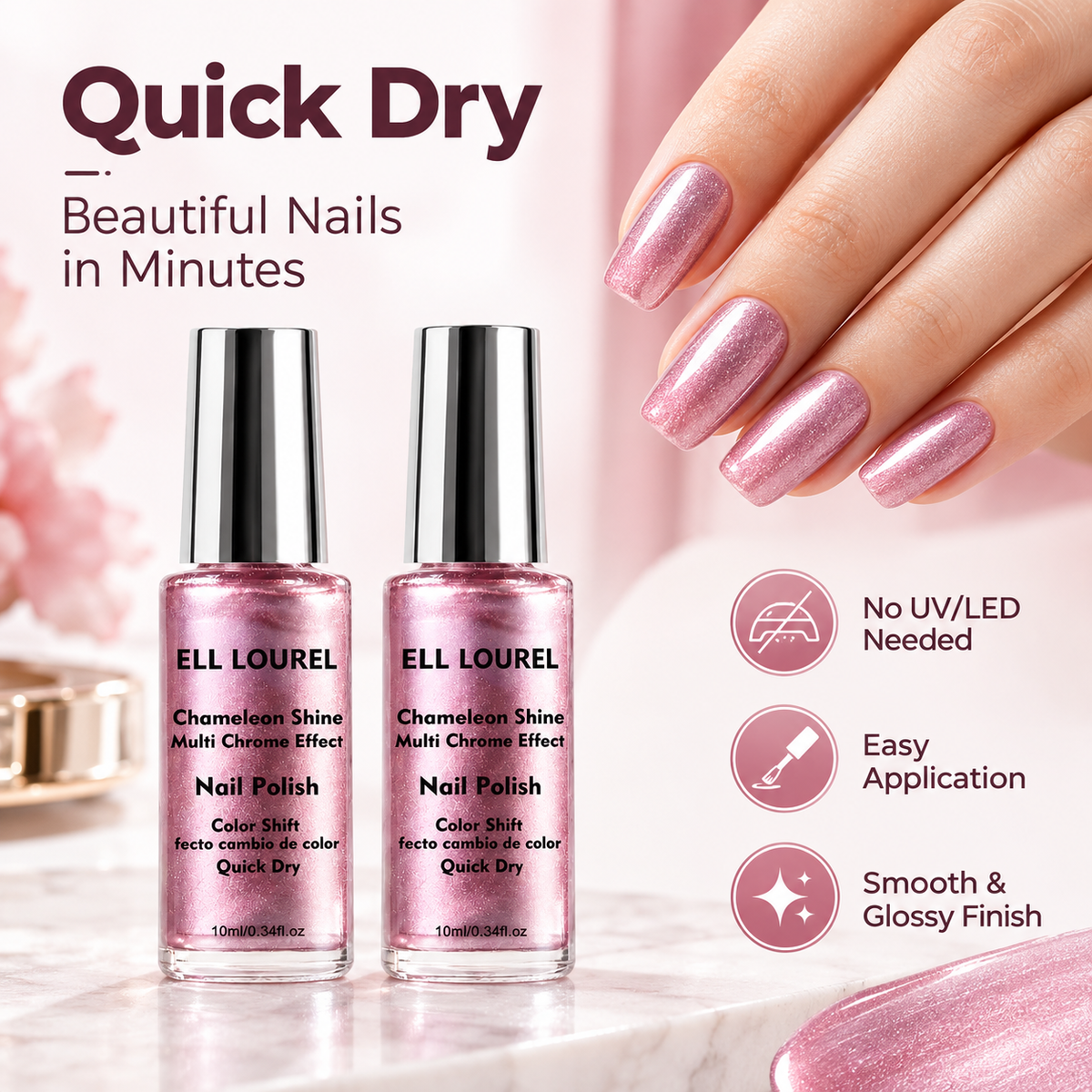 2Pcs Rose-pink Chrome Nail Polish; Quick-drying Formula; High-shine Mirror Finish