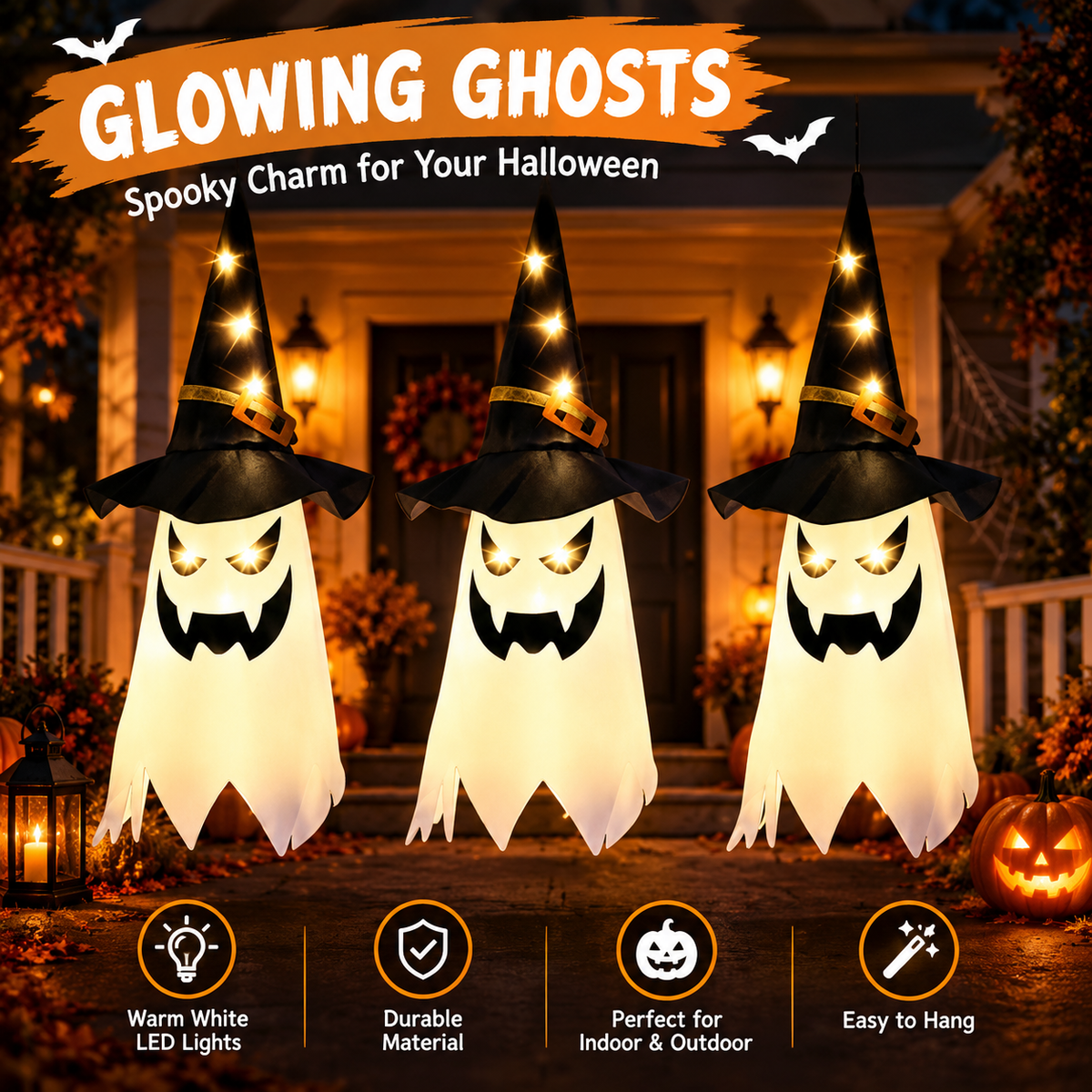 3Pcs Halloween Hanging Lighted Glowing Ghost Witch Hat Indoor Outside Ornaments