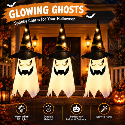3Pcs Halloween Hanging Lighted Glowing Ghost Witch Hat Indoor Outside Ornaments
