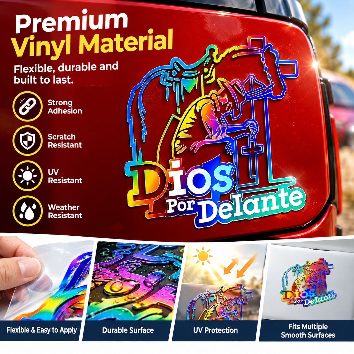 4Pcs Dios Por Delante Vaquero Cross Jesus Vinyl Decal 5" Rainbow Holo