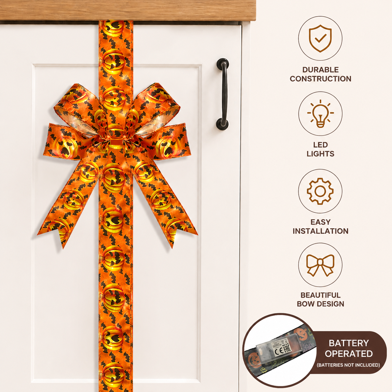LED Spooky Halloween Cabinet Door Fringe Wreath with Lime Red Large Bow, 79x2.4 Inches