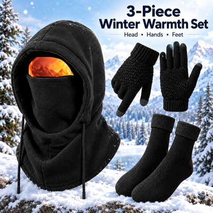 3Piece Plain Winter Warm Sports Gear Set - Windproof Full Face Ski Mask Sports & Outdoor Hats, Hooded Jacket, Gloves