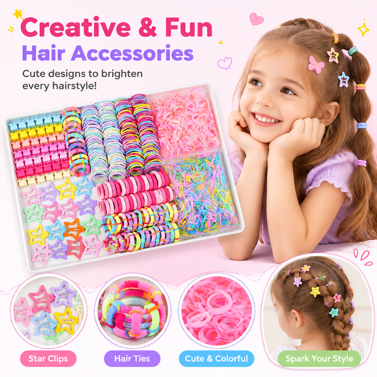 875-Piece Colorful Elastic Hair Tie and Clip Set – Includes Cute Hair Accessories and Storage Box