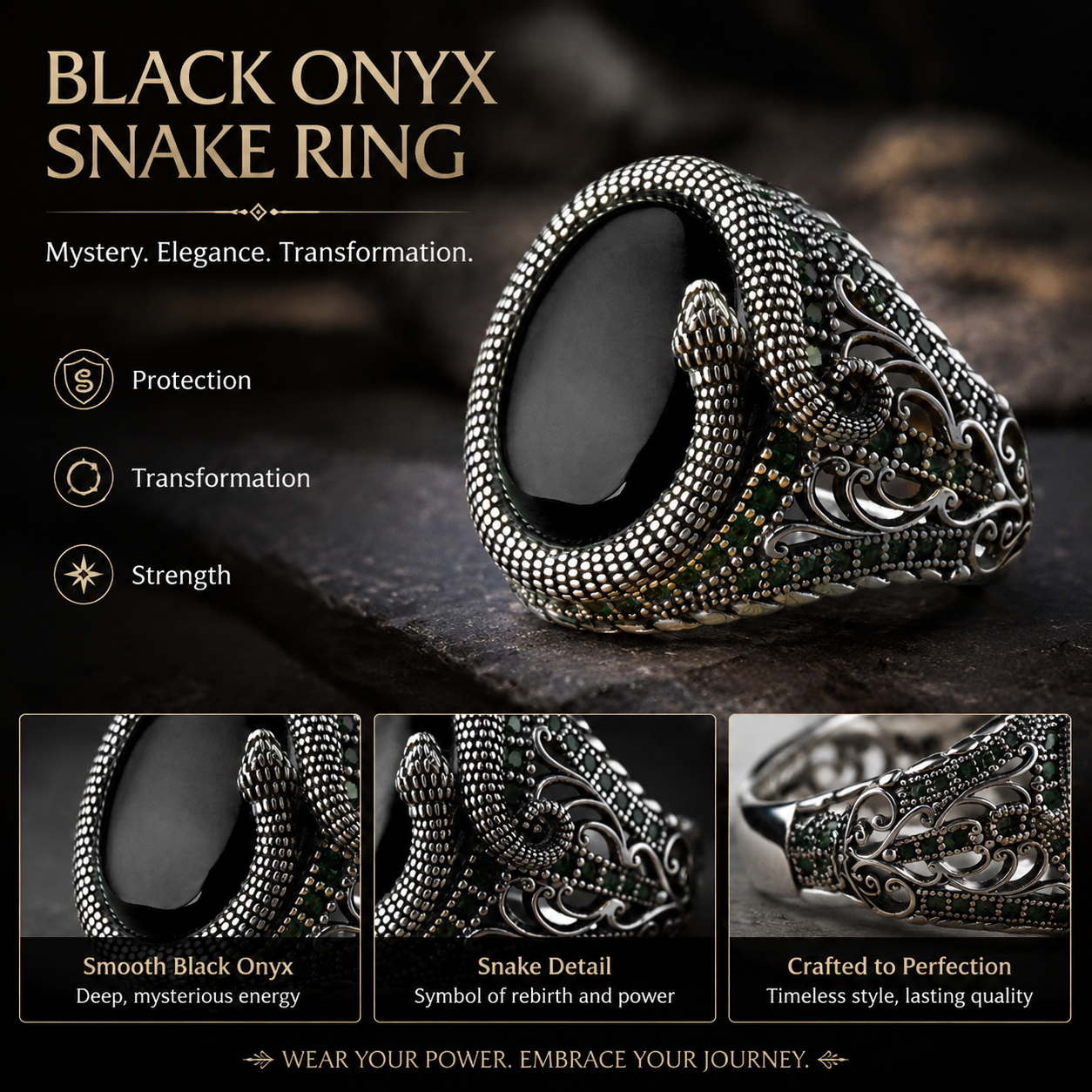 Oval Snake Mens Black Onyx Ring Adjustable