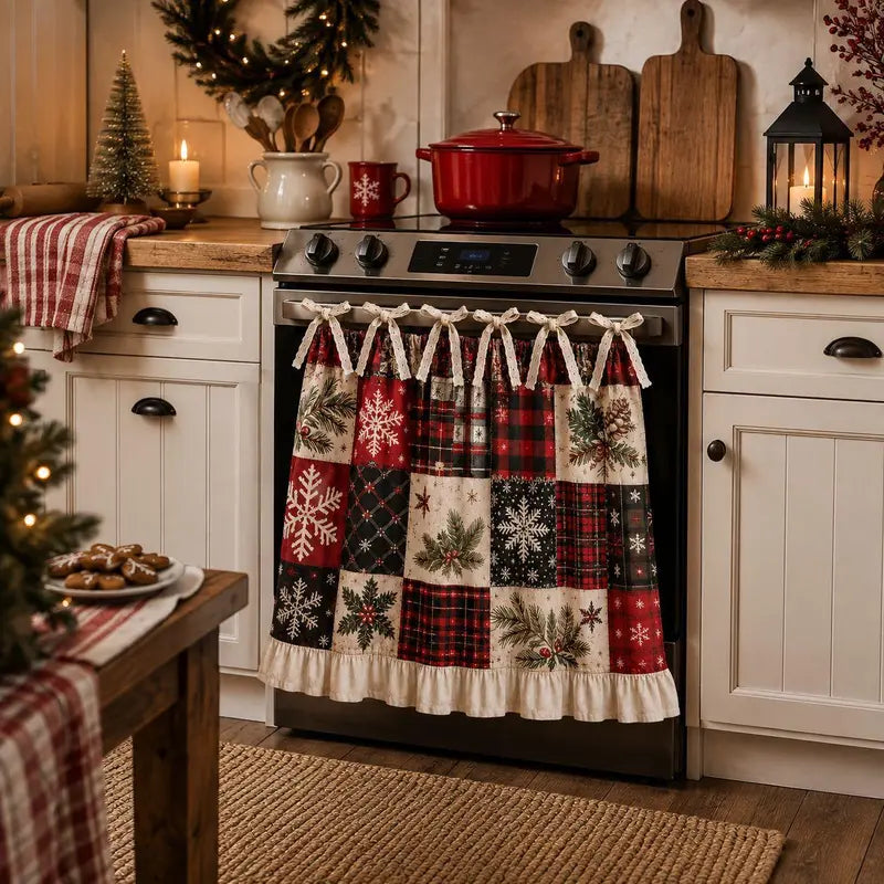 Christmas Stove Skirt, Patchwork Oven Curtain with Bow Tie Ties