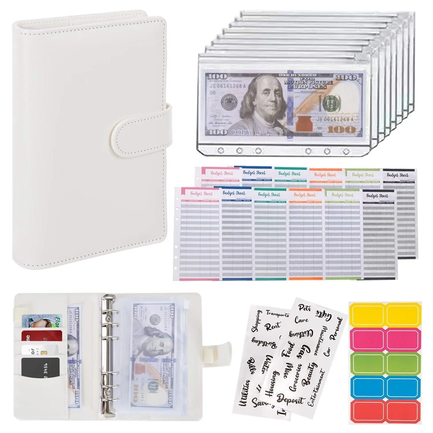 A6 Budget Binder Set 12pcs Budget Sheets & 8 Counts Binder Pockets & 10pcs Multi-colored Labels