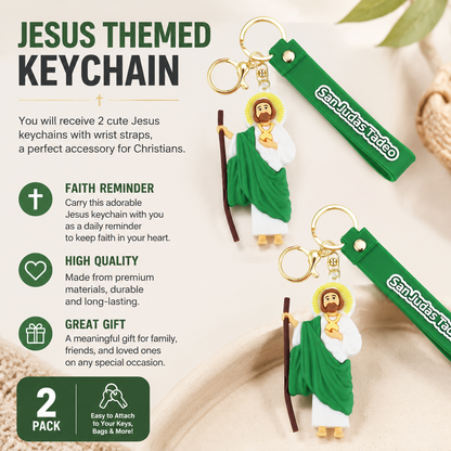 2Pcs Jesus Keychain with Wristlet San Judas Tadeo Keychain Charms Accessories for Car Keys Backpack