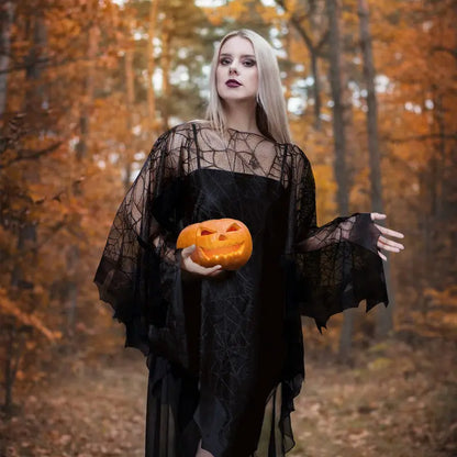 Halloween Poncho for Women, Black Lace Spider Web Cape