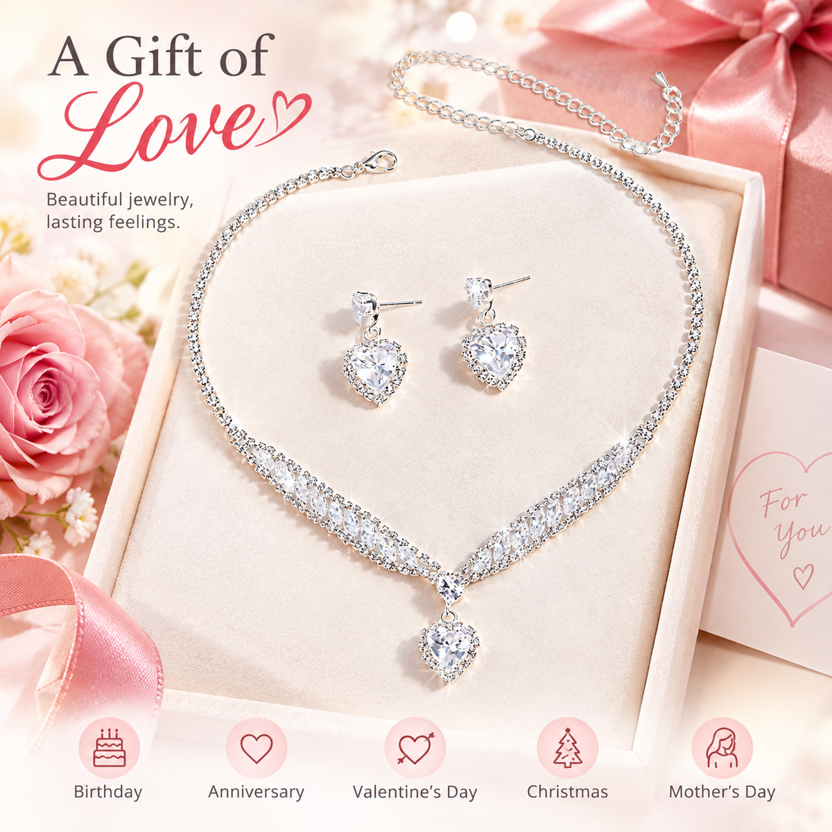 Ultra-Sparkly Heart-Shaped Zircon Earring and Necklace Set