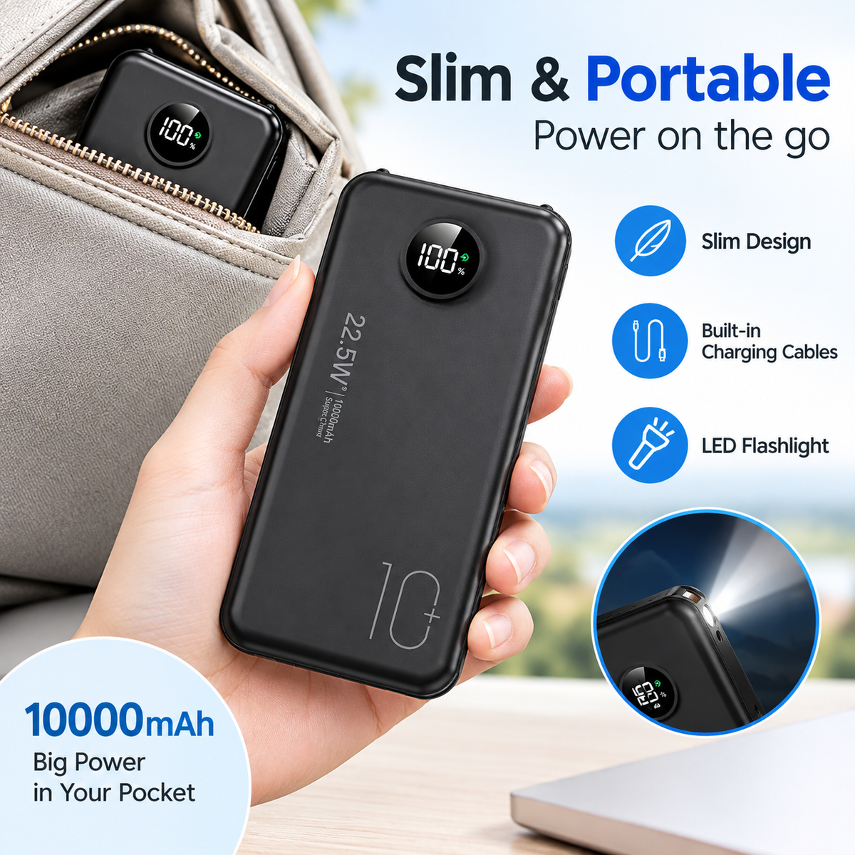 10000mAh Compact Portable Power Bank Charger - 22.5W Fast Charging Battery Power Bank with Built-in Cables