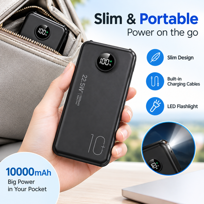 10000mAh Compact Portable Power Bank Charger - 22.5W Fast Charging Battery Power Bank with Built-in Cables