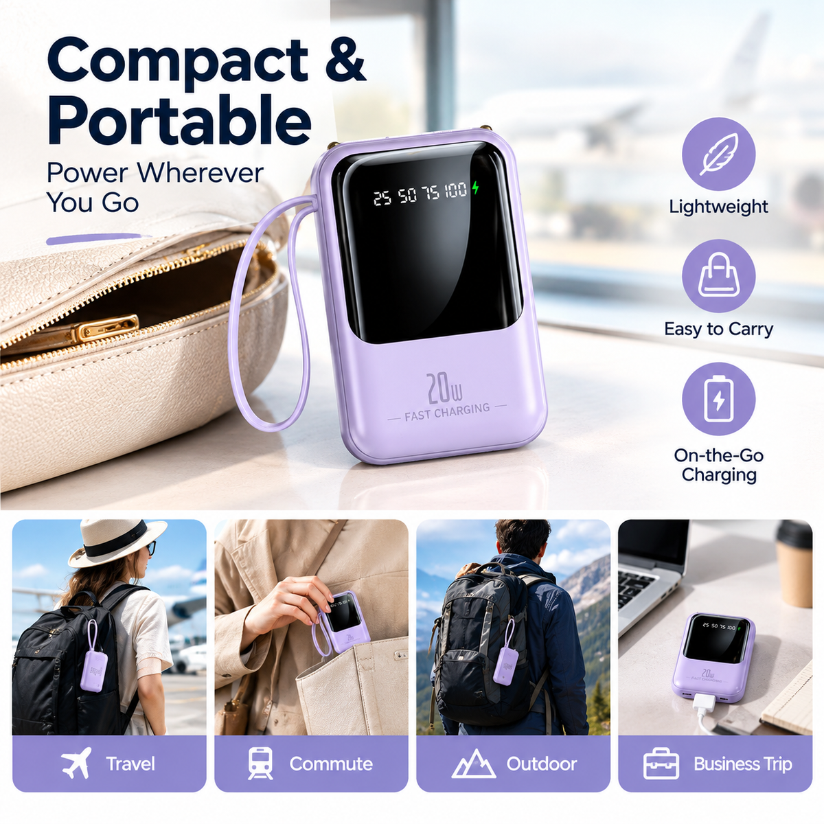 20000mAh 20W Fast Charging Portable Power Bank for Apple and Android Devices with Smart Digital Display