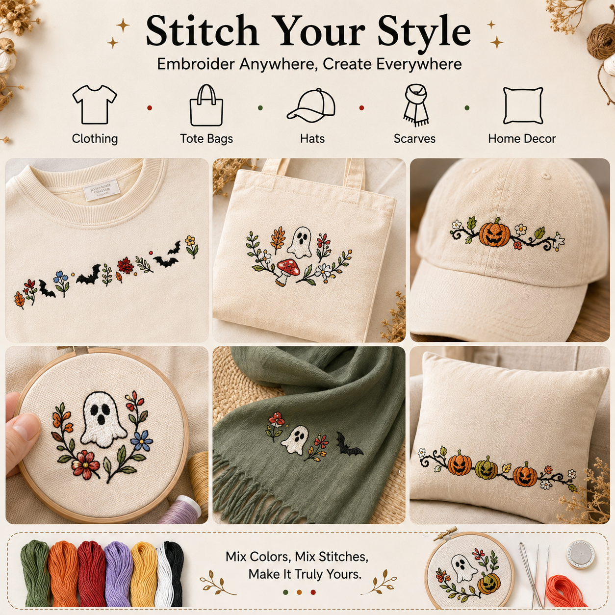 2 Size Classic Halloween-style Embroidery Patterns - Stick & Stitch For Beginners