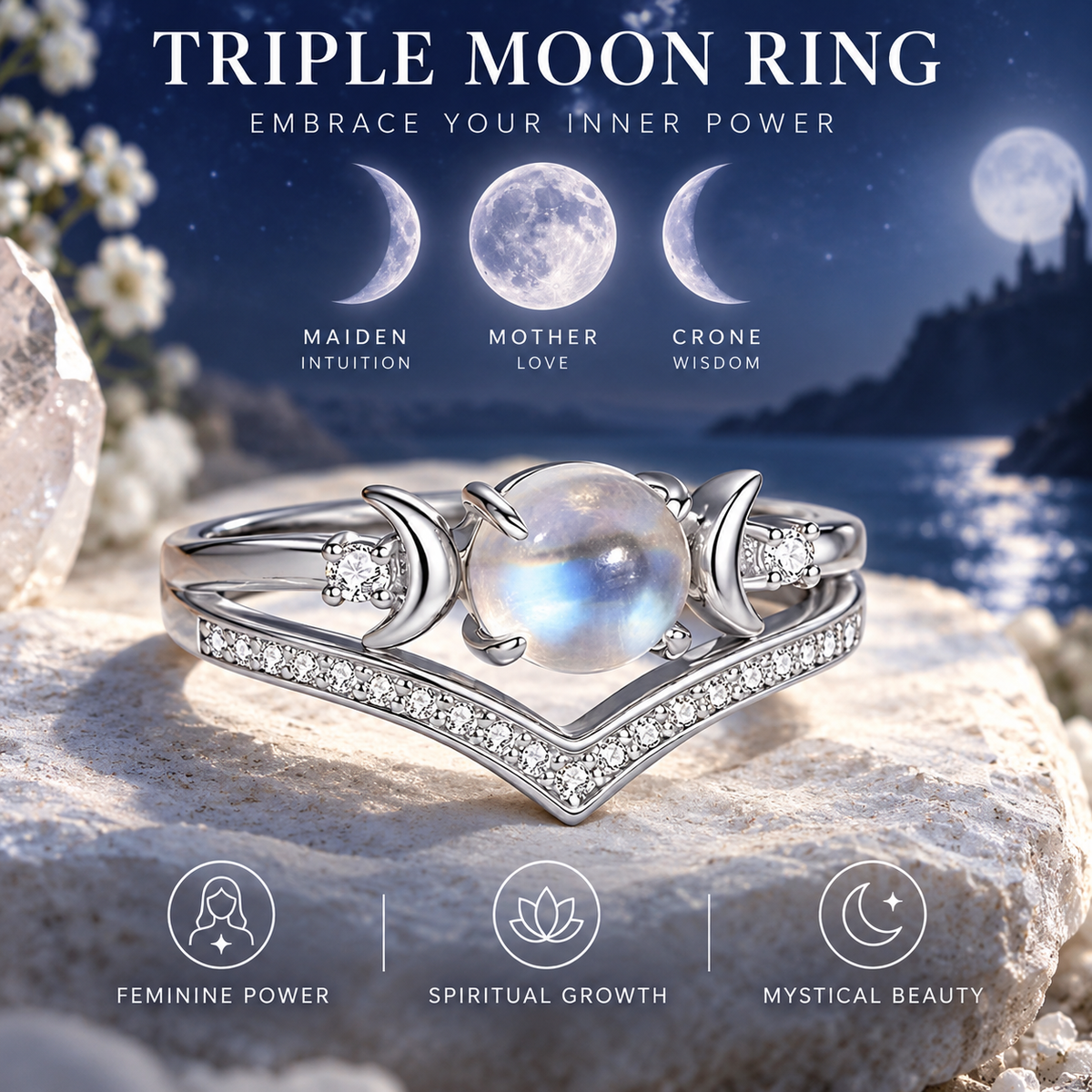Natural Crystal Triple Moon Godness Ring for Women Adjustable Opening