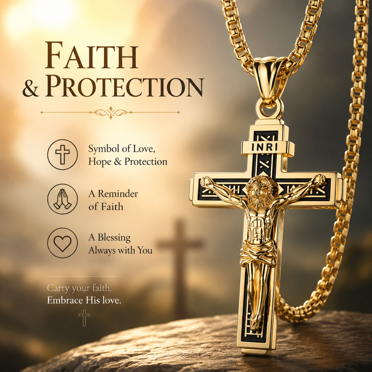 Jesus Christ on INRI Crucifix Cross Pendant Necklace | Large Jesus Pendant 24 Inch Stainless Steel Chain