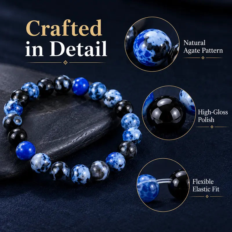 Blue Fire Agate Energy Bracelet, Handmade Marbled Crystal for Clarity & Focus, Stretch Meditation Jewelry