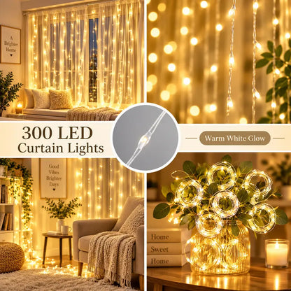 300 LED Curtain Lights, 9.8x9.8 Ft USB Powered with Remote Control