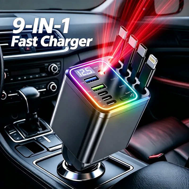 9-in-1-120W Retractable Car Charger with Star Projector Night Light and LED Decorative Light