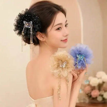 3-Piece Butterfly Tassel & Tulle Peony Hair Clip Set, Non-Slip Claw Clip