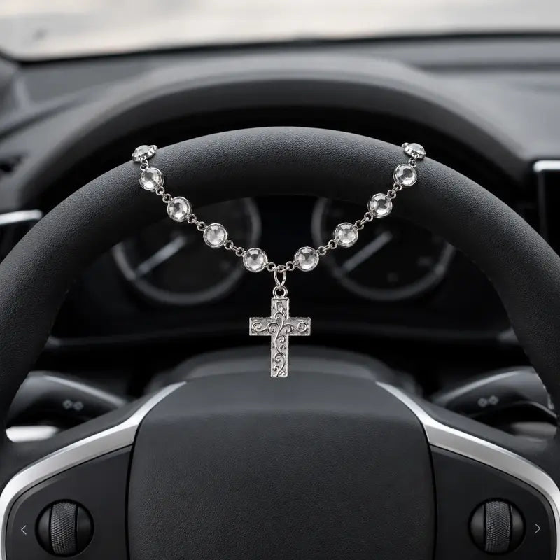Faith-Inspired Crystal Cross Car Steering Wheel Charm
