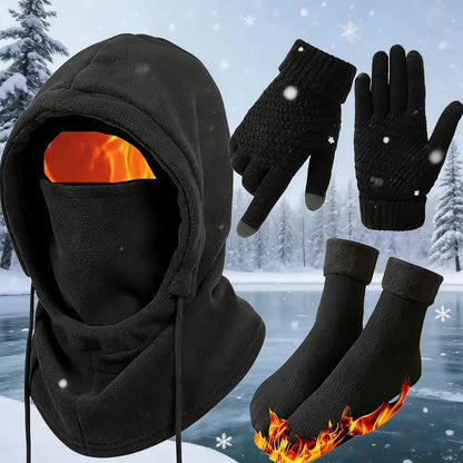 3Piece Plain Winter Warm Sports Gear Set - Windproof Full Face Ski Mask Sports & Outdoor Hats, Hooded Jacket, Gloves