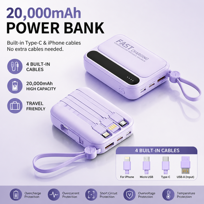 20000mAh Portable External Battery with 4 Integrated Cables for Fast Charging