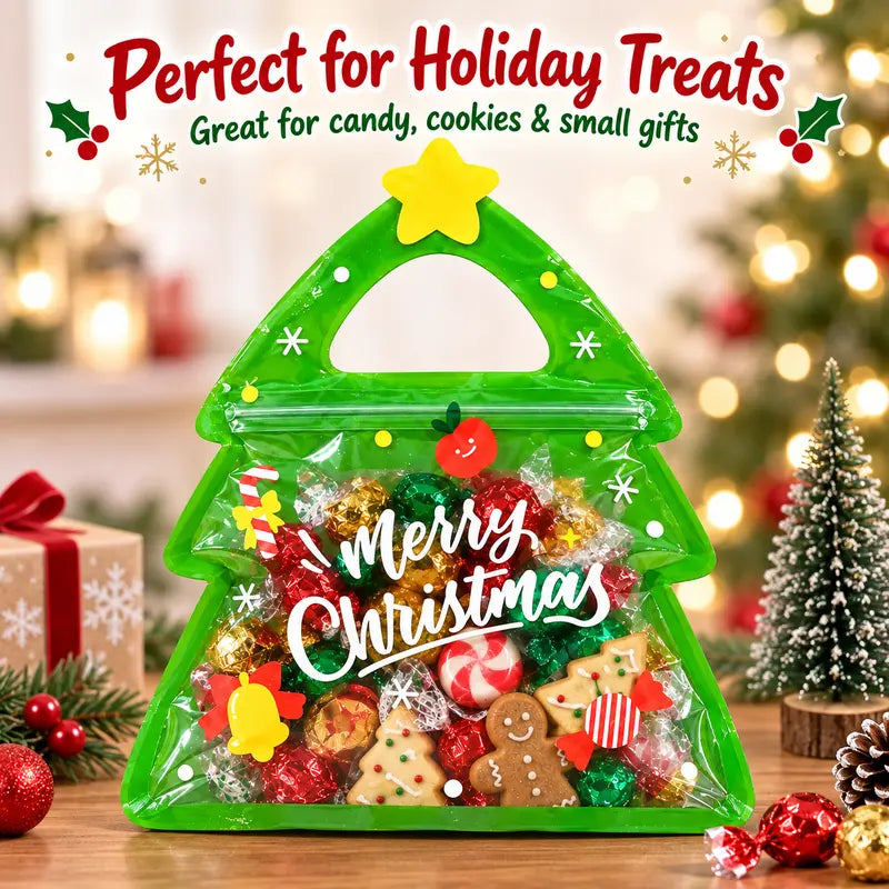 30 Pcs Christmas Party Candy Resealable Bags, Christmas Tree Shaped Plastic Zipper Snack Bags with Handles