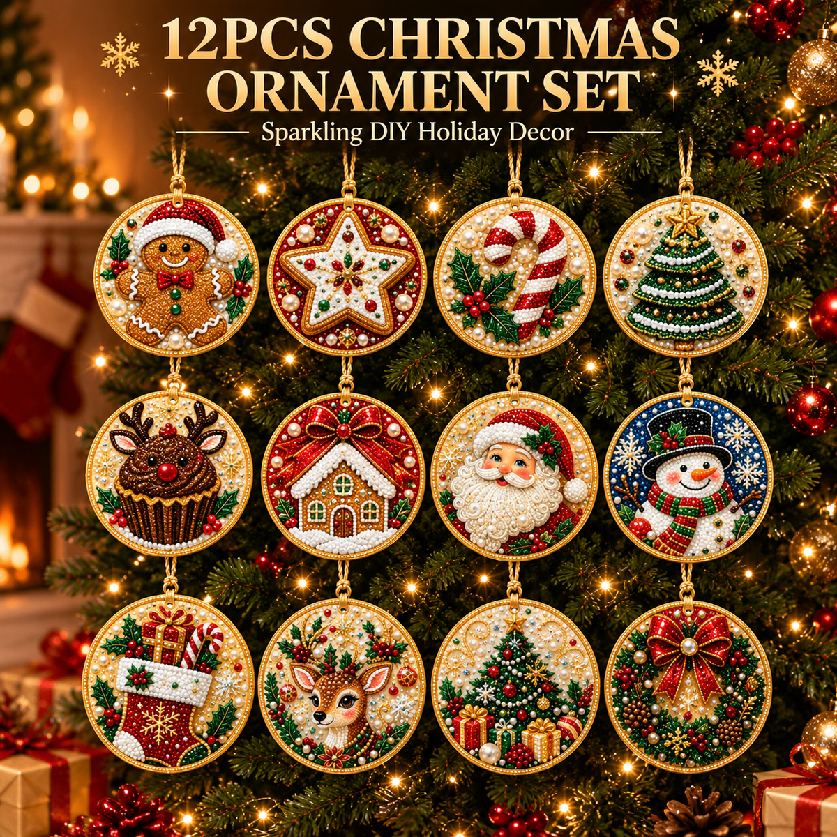 12Pcs Christmas Diamond Painting Ornaments , Wooden Hanging Pendant DIY Single-Side Rhinestone Craft Kit